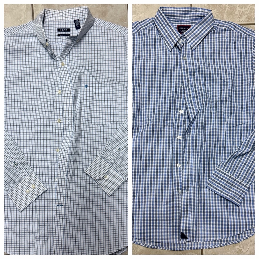 Men's Blue and White Plaid Button Down Shirts - two - size medium
